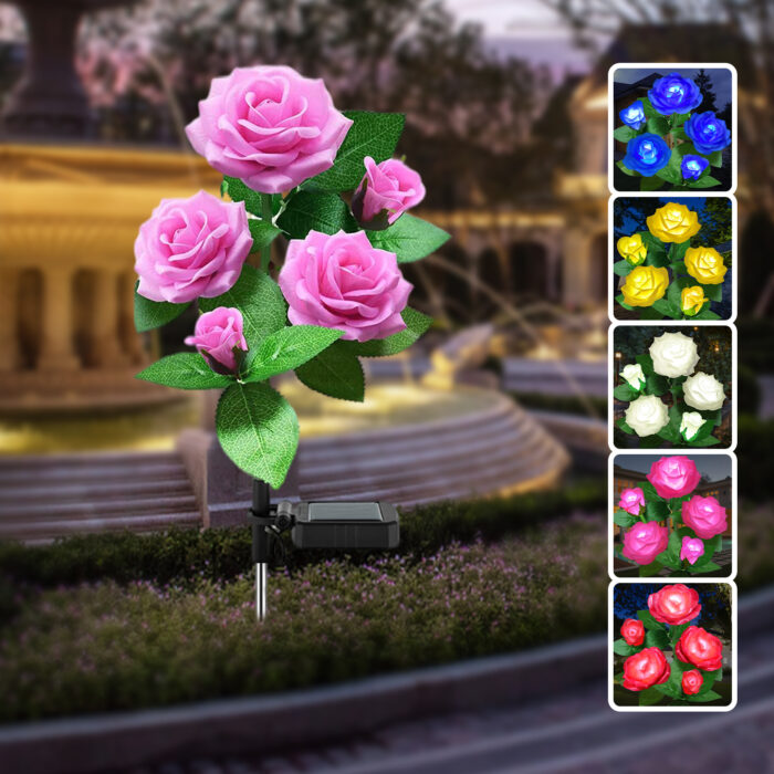 Outdoor Solar Garden Lights with 5 Rose Flowers, LED Solar Powered Outdoor Decorative Landscape Lights, Waterproof Solar Flower Lights for Patio, Pathway, Yard Garden Decoration (Pink)