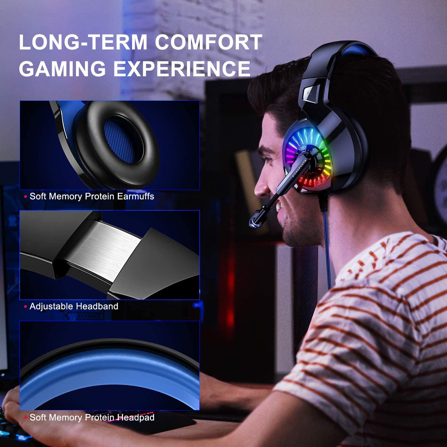 Gaming Headset with Microphone for PS5, PS4, PC, Mac, Noise Cancelling Headphones wit Mic Compatible with Playstation Switch, Wired Mode for Game Lovers - 图片 2