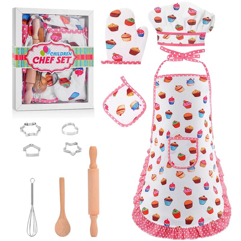 11 Pcs Kids Aprons for Girls Boys, Kids Cooking and Baking Sets, Chef Hat Apron Pretend Play Set for Toddlers Age 3-8, White