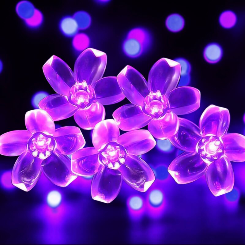 Cherry Blossom String Lights, 23ft 50 LED Solar Flower String Lights, Outdoor Waterproof LED Fairy Lights for Christmas Tree, Home, Garden, Wedding, Patio, Party Decorations Purple