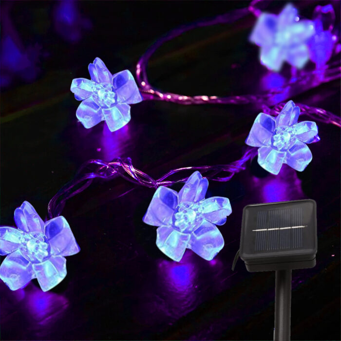Cherry Blossom String Lights, 23ft 50 LED Solar Flower String Lights, Outdoor Waterproof LED Fairy Lights for Christmas Tree, Home, Garden, Wedding, Patio, Party Decorations Blue