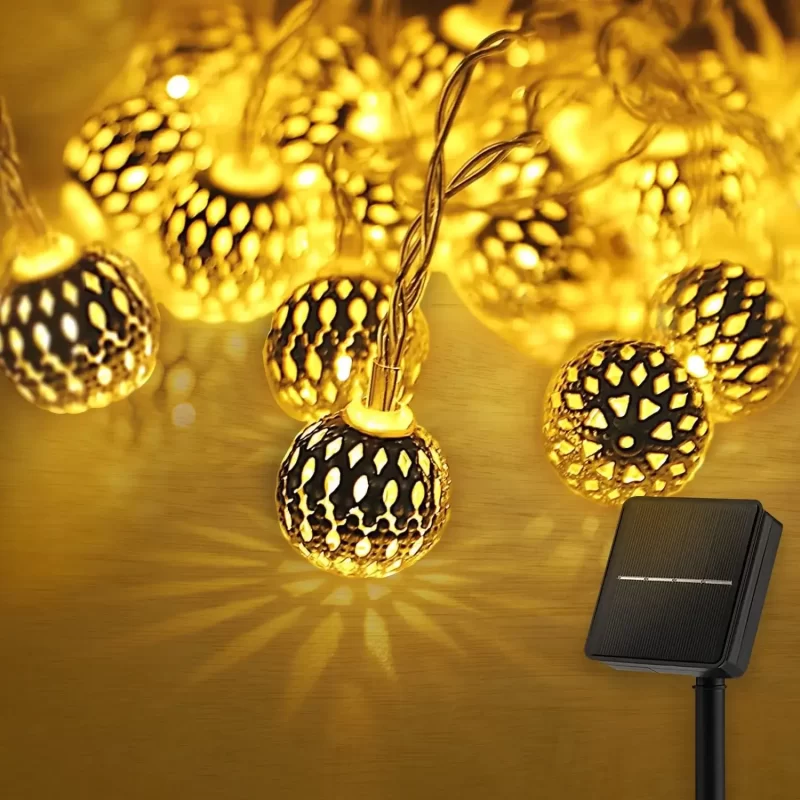 Warm White Metal Ball String Lights, 16.4 ft Outdoor Solar Christmas Lights, 20 LED Globe Fairy Lights for Patio Garden