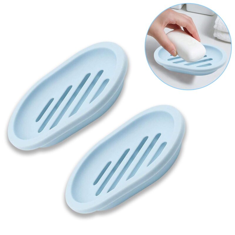Soap Tray Plastic Soap Dish Container (Blue), Soap Box Holder for Bathroom Shower Kitchen, Keep Soap Dry & Easy to Clean (2 Pack, Oval Shape)