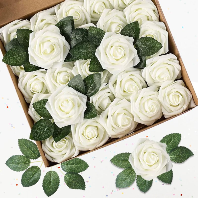 Syenll 25 Pcs Artificial Rose Flowers, Foam Fake Flowers for Christmas Wedding Party DIY Bouquets, Baby Shower, Home Decoration (Milk White)