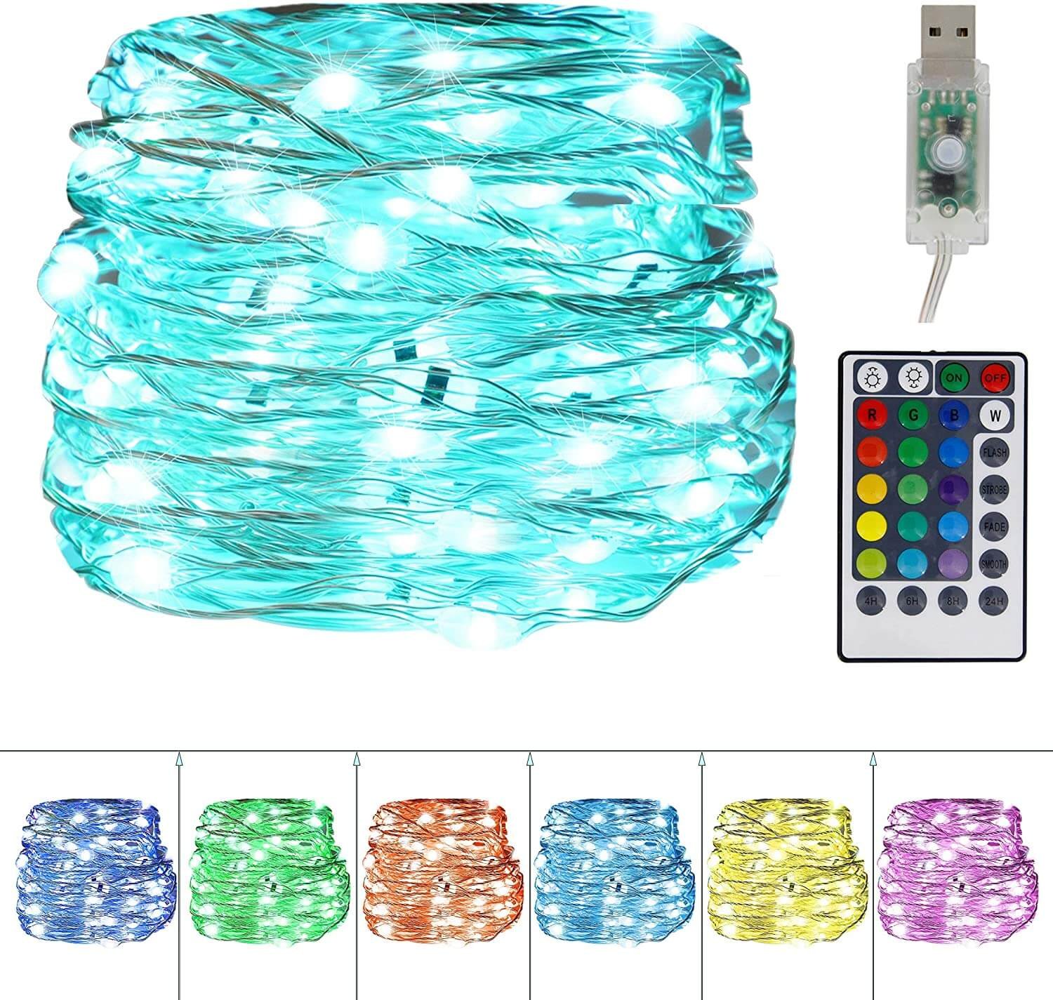 USB Fairy String Lights, 33FT 100 LED 4 Lighting Modes Waterproof String Lights with Remote Control, Twinkle Lights for Bedroom Christmas Wedding Party Ceiling Decoration, 16 Colors