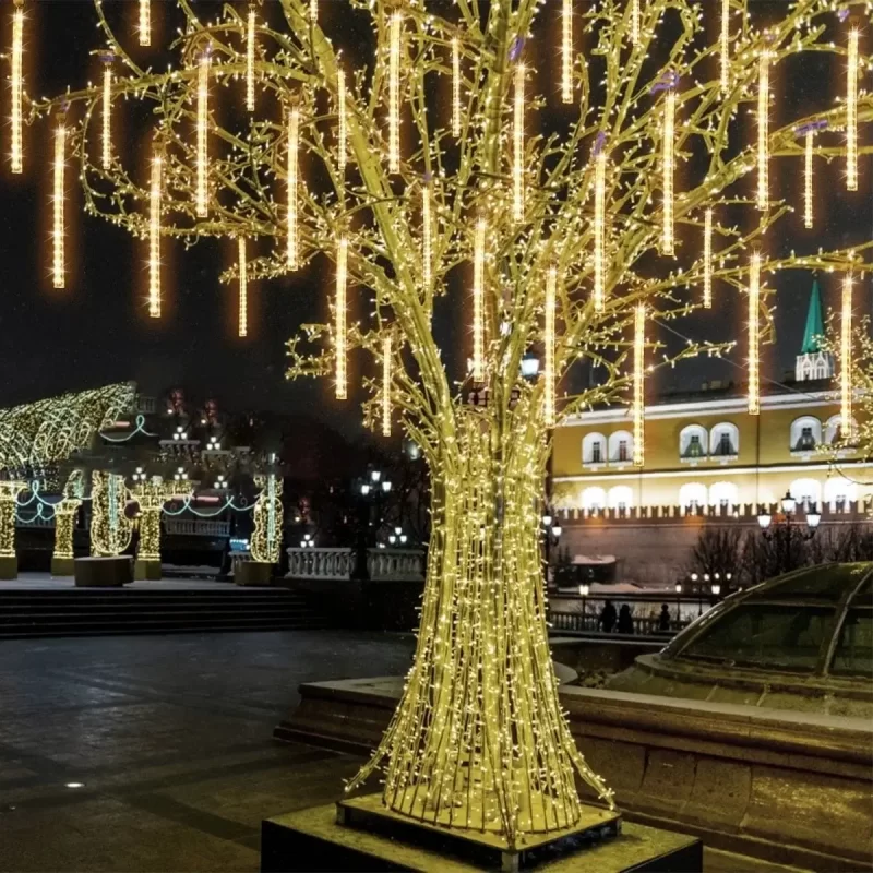 Outdoor Meteor Shower Lights, 10cm 10 Tube 200 LEDs Meteor Light, Christmas Snow Falling Rain Lights for Xmas Tree Holiday Wedding Outdoor Party Patio Decoration (Warm White)