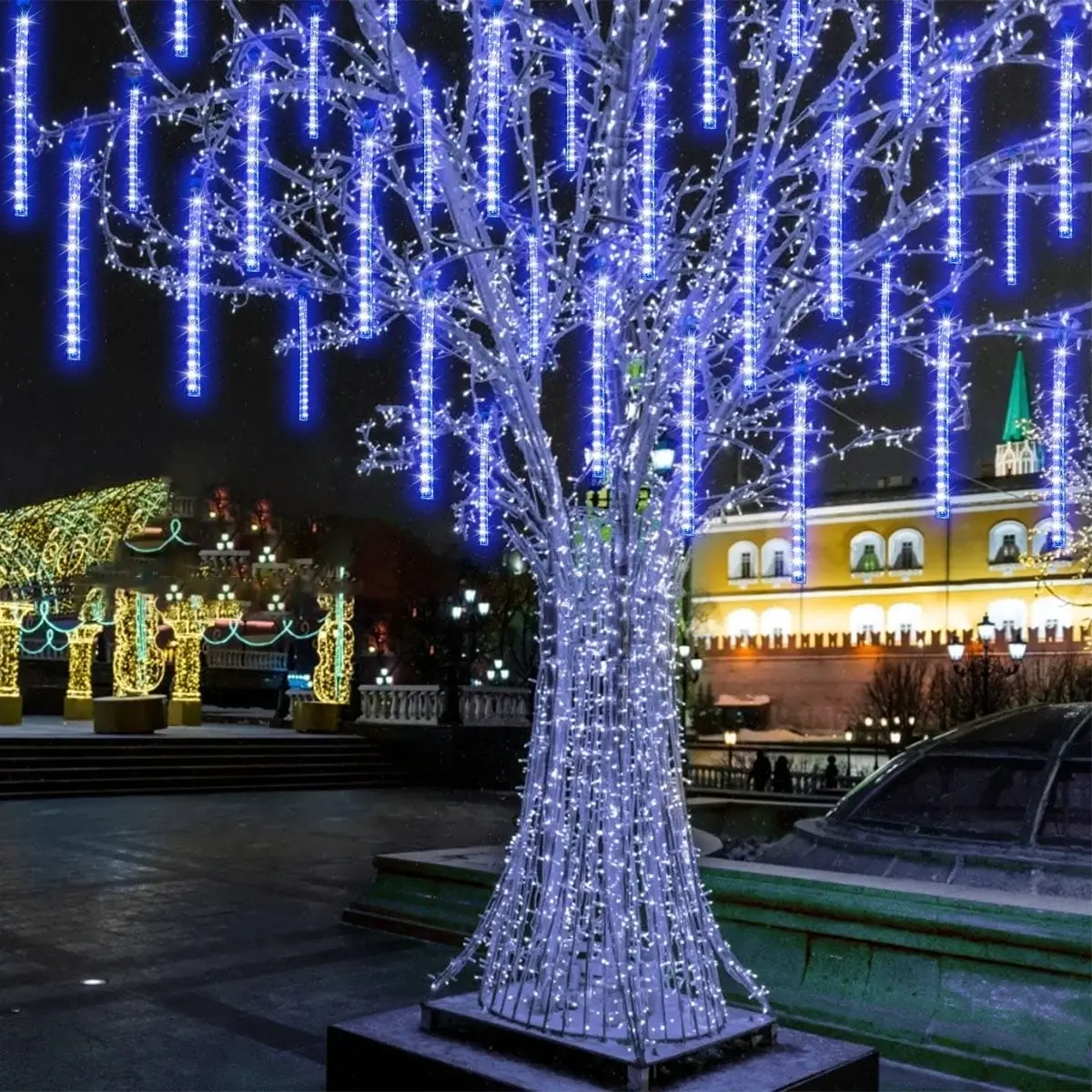 Outdoor Meteor Shower Lights, 10cm 10 Tube 200 LEDs Meteor Light, Christmas Snow Falling Rain Lights for Xmas Tree Holiday Wedding Outdoor Party Patio Decoration (Blue)