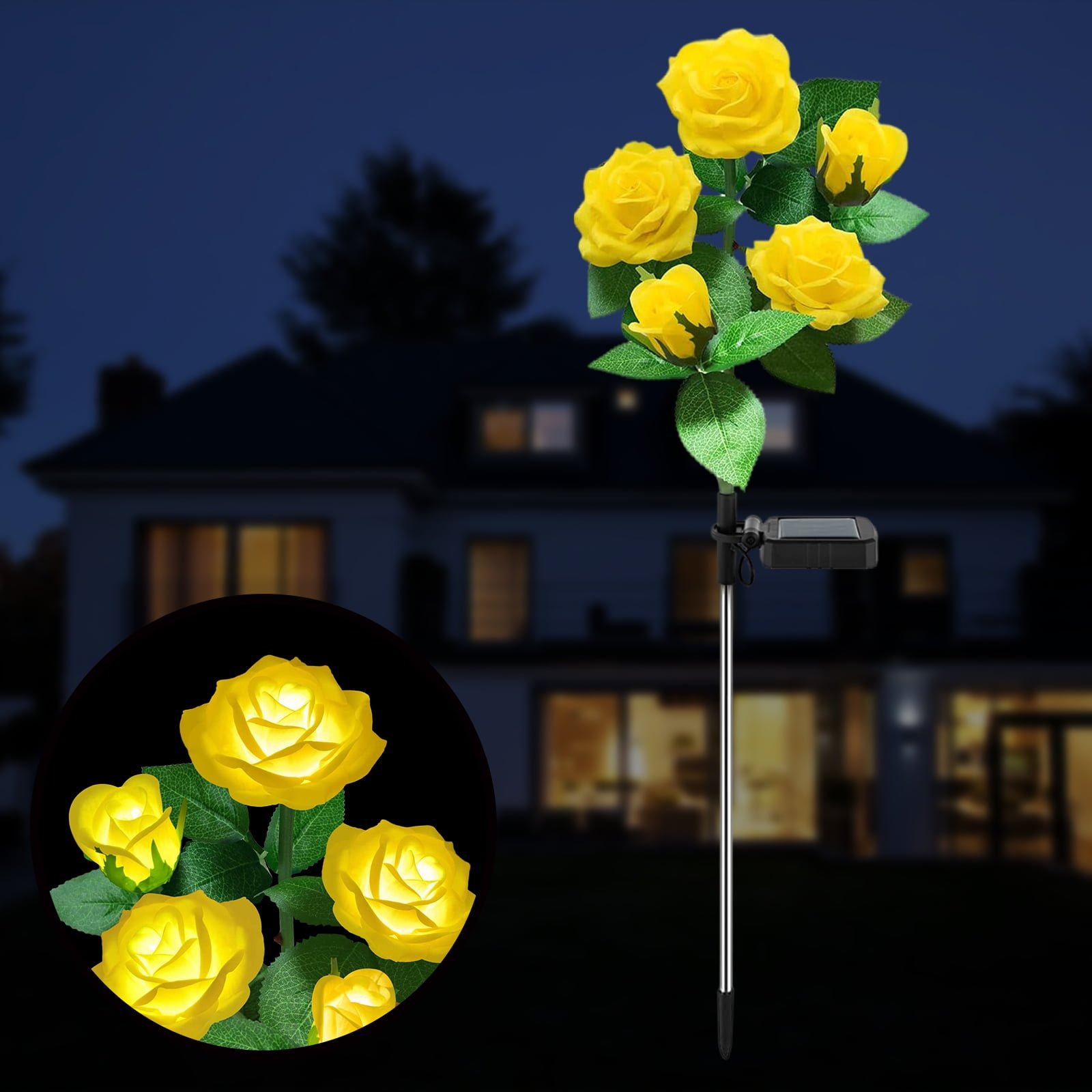 LED Solar Powered Light, Outdoor Solar Landscape Garden Lights with 5 Rose Flowers, Waterproof Solar Decorative Lights for Garden Patio Yard Pathway Decoration (Yellow)