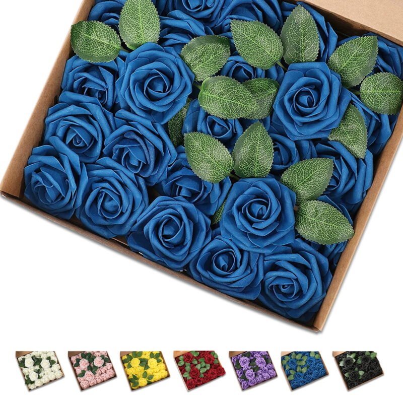 Fake Flowers with Leaves and Stems, 25 Pcs Navy Blue Artificial Rose Flowers for Wedding Party DIY Bouquets, Baby Shower, Home Decoration