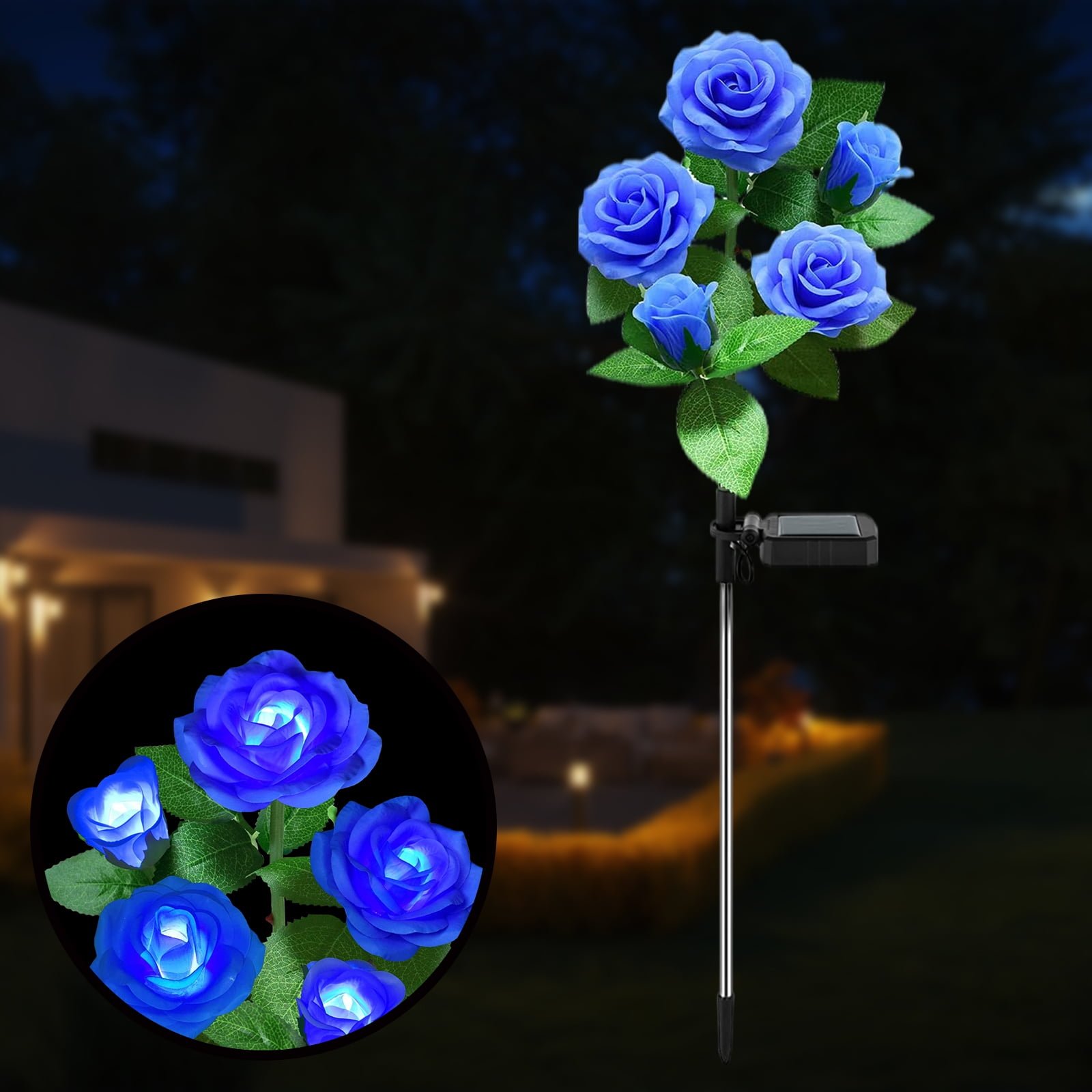 LED Solar Powered Light, Outdoor Solar Landscape Garden Lights with 5 Rose Flowers, Waterproof Solar Decorative Lights for Garden Patio Yard Pathway Decoration (Blue)