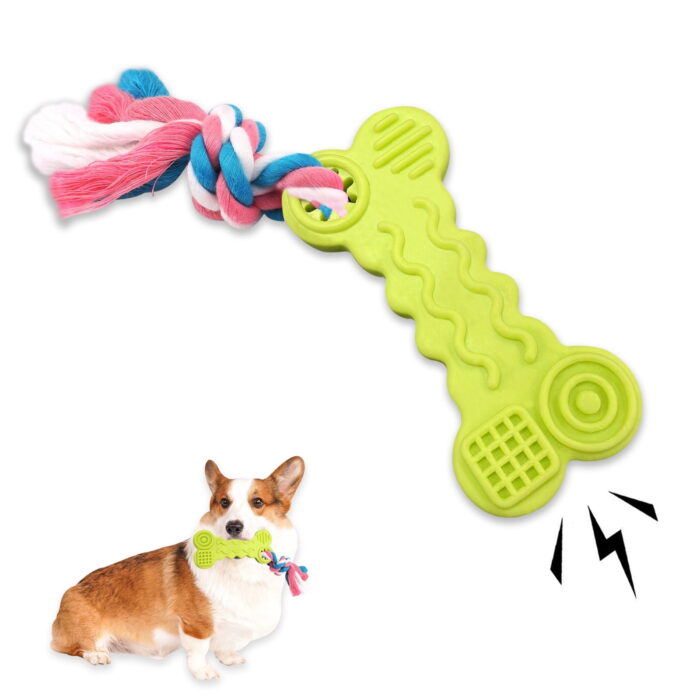 Dog Chew Toys, Soft and Flexible Rubber Puppy Teething Toys with Rope, Interactive Puppy Biting Toys with Cotton Rope for Small Dogs Pets, Green