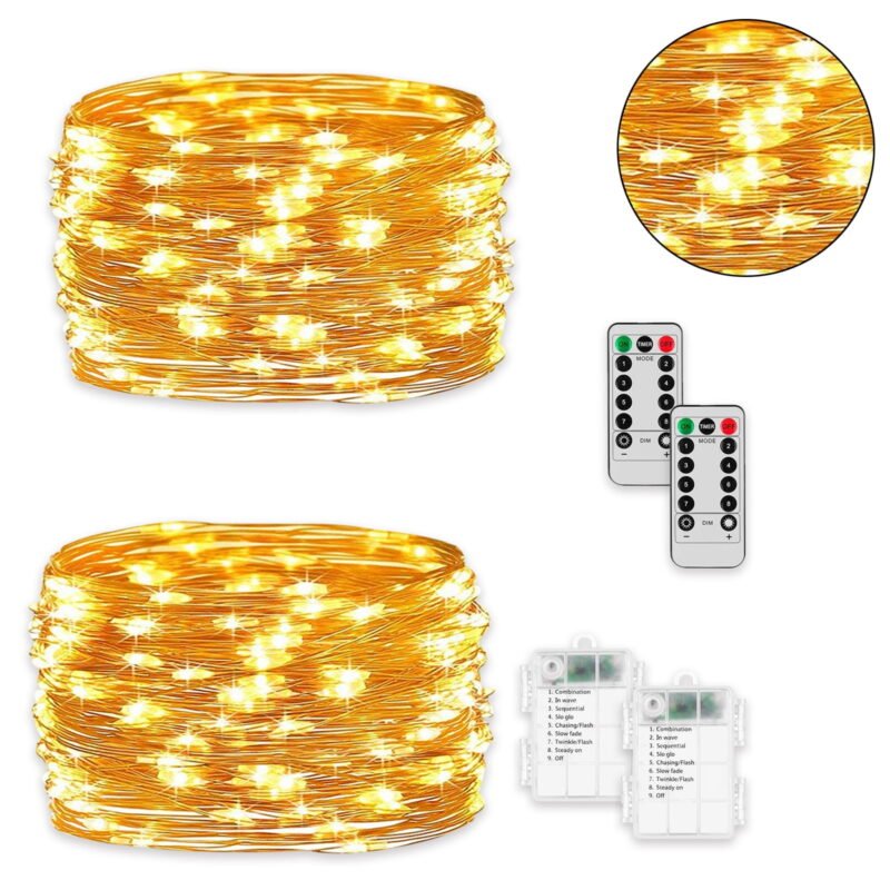 66 Feet 200 LED Fairy Lights with Remote Timer, 2 Pack Battery Operated Twinkle String Lights for Bedroom, Garden, Party, Christmas Indoor and Outdoor Decors Warm White