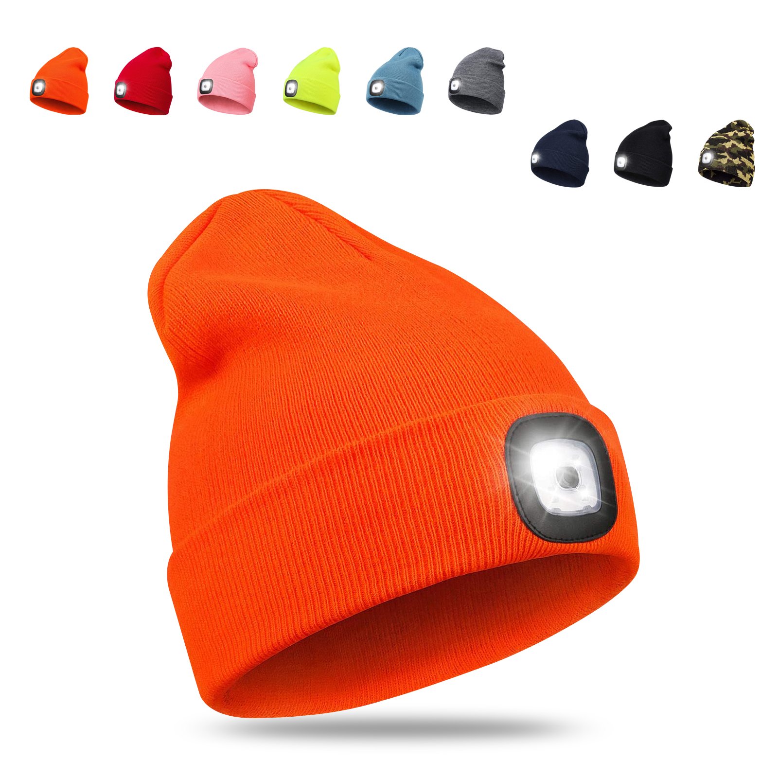 LED Beanie Hat with Light, Unisex USB Rechargeable Hands Free 4 LED Headlamp Cap, Winter Knitted Headlight, Men Gifts for Dad Husband (Orange)