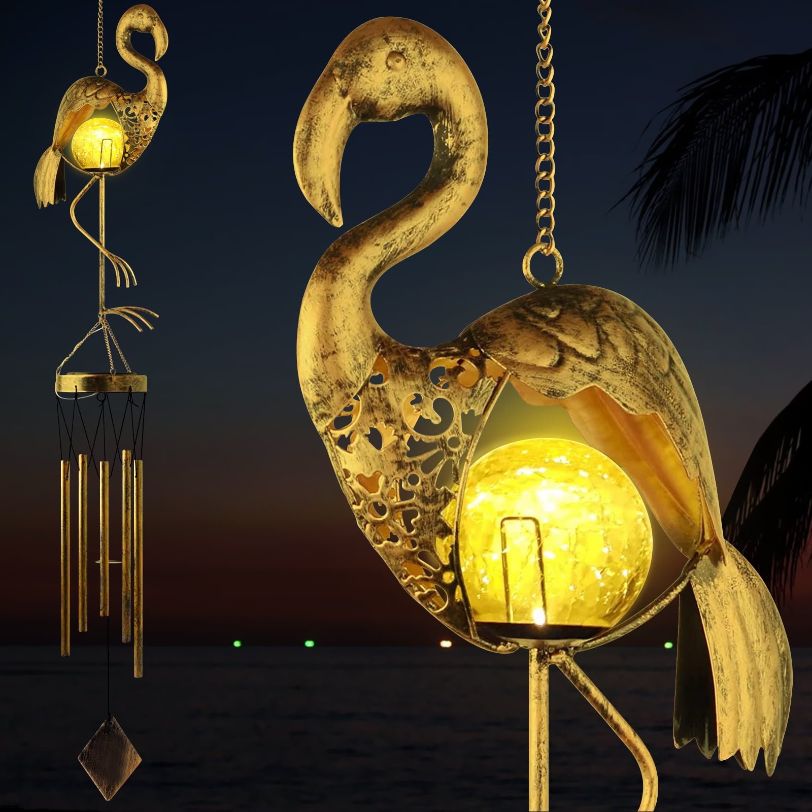 Outdoor Flamingo Wind Chime, Solar Wind Chimes Flamingo Decor with Metal Tubes & Crackle Glass, Garden Decor Memorial Gift for Women Grandma Wife Lover