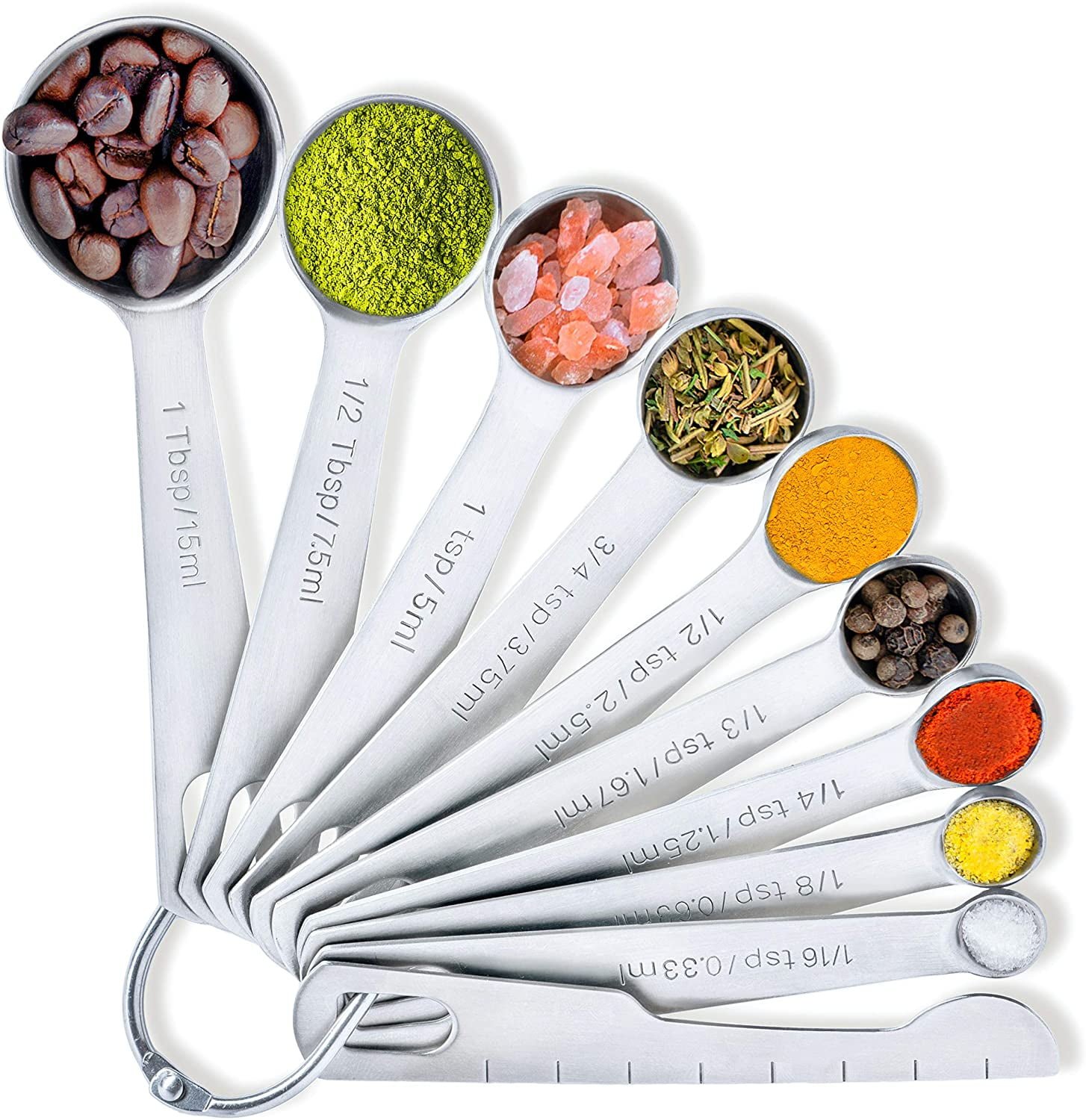 Stainless Steel Measuring Spoons, Set of 9 Kitchen Measuring Spoons for Cooking, Dry and Liquid Ingredients Measuring, Silver