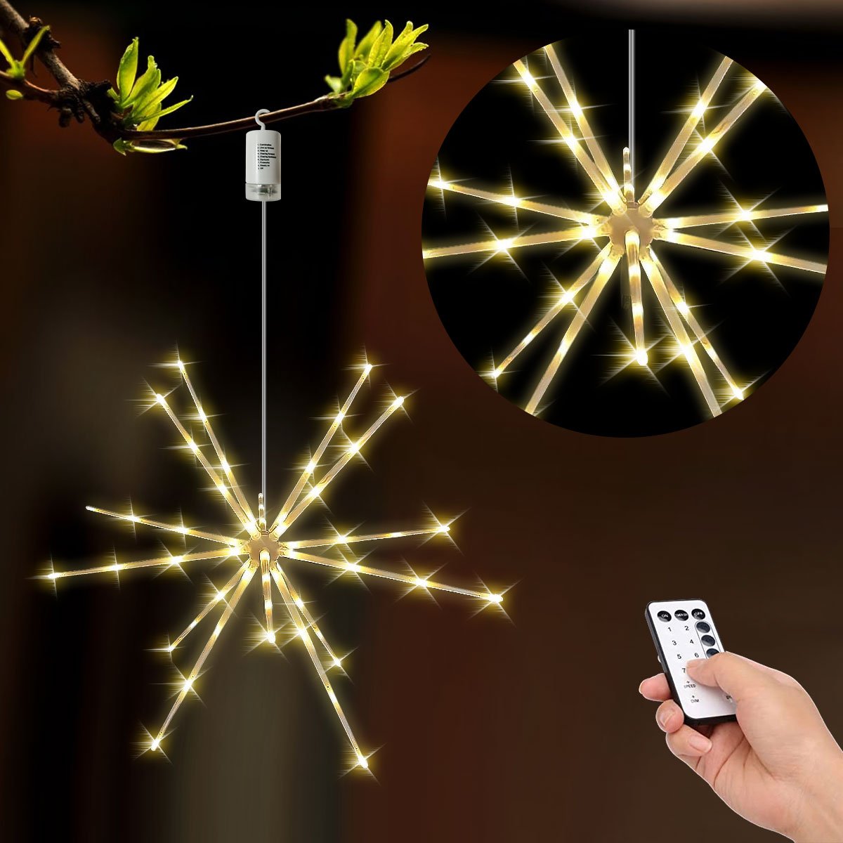 8 Modes Hanging Firework Metor Lights, 112 LED Starburst Fairy Lights with Remote, Battery Operated Copper Wire Lights for Patio Party Wedding Christmas (Warm White)