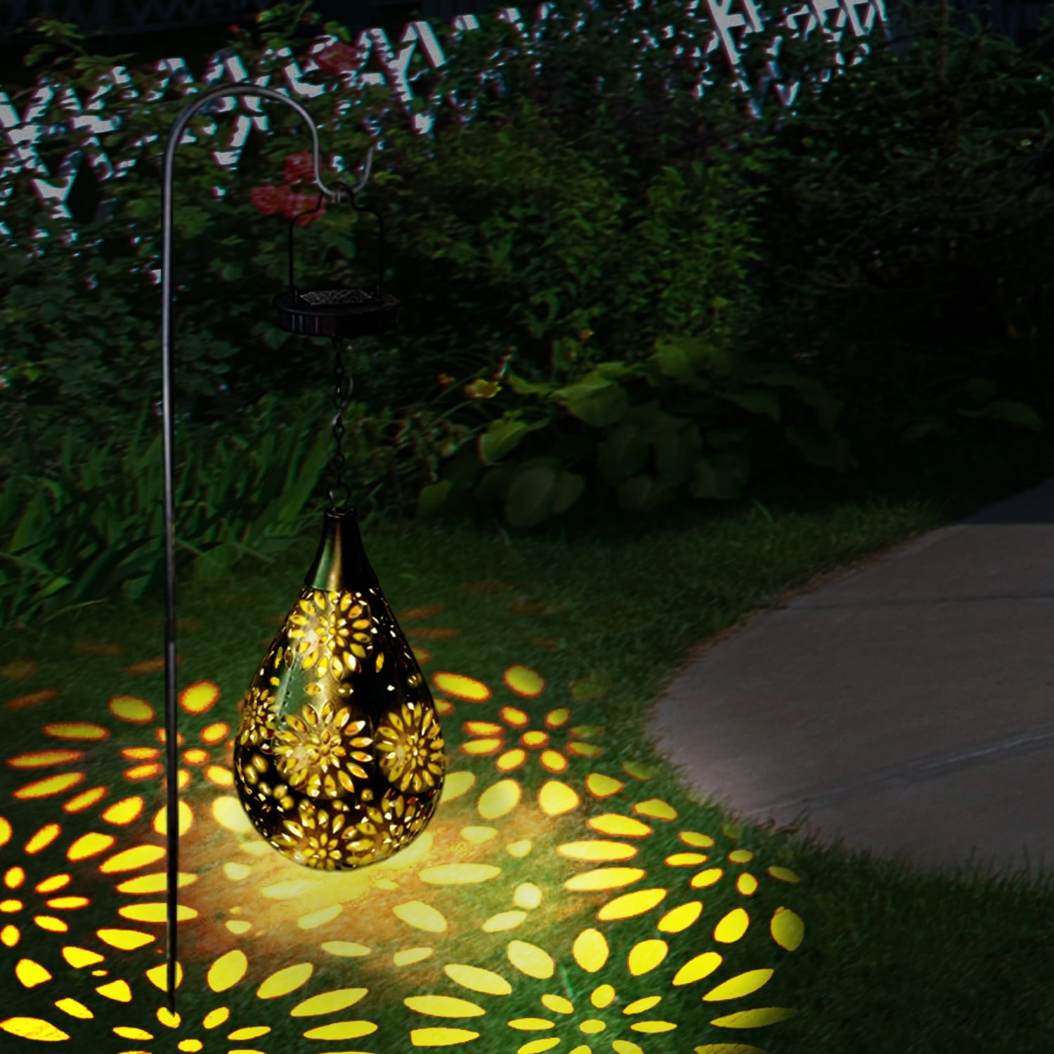 Retro Metal LED Decorative Light with Hook, Waterproof Hanging Solar Lights with Boho Flower Pattern, Solar Lanterns Outdoor for Pathway Patio Lawn Bronze
