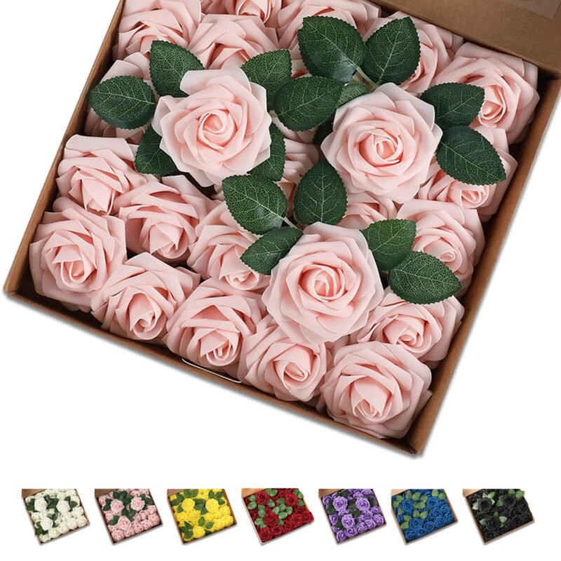 Fake Flowers with Leaves and Stems, 25 Pcs Pink Champagne Artificial Rose Flowers for Wedding Party DIY Bouquets, Baby Shower, Home Decoration