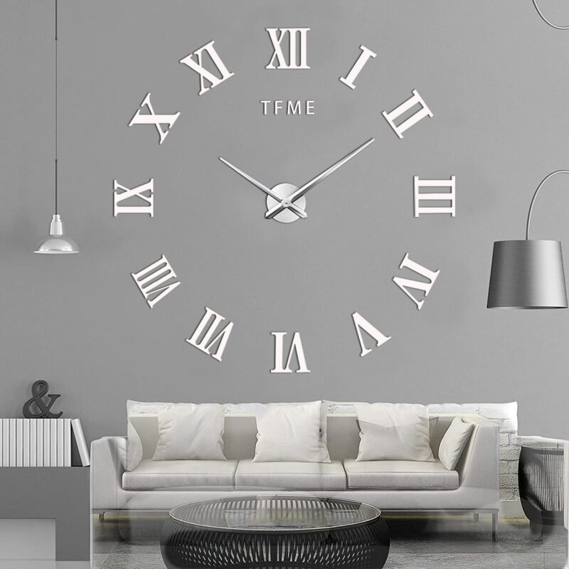 Mirror Surface Wall Sticker Clocks, 3D DIY Large Wall Clocks for Living Room Decor, Roman Numerals Clock Frameless Mirror Surface Clock for Kitchen, Office, School, Home, Bedroom, Living Room, Silver