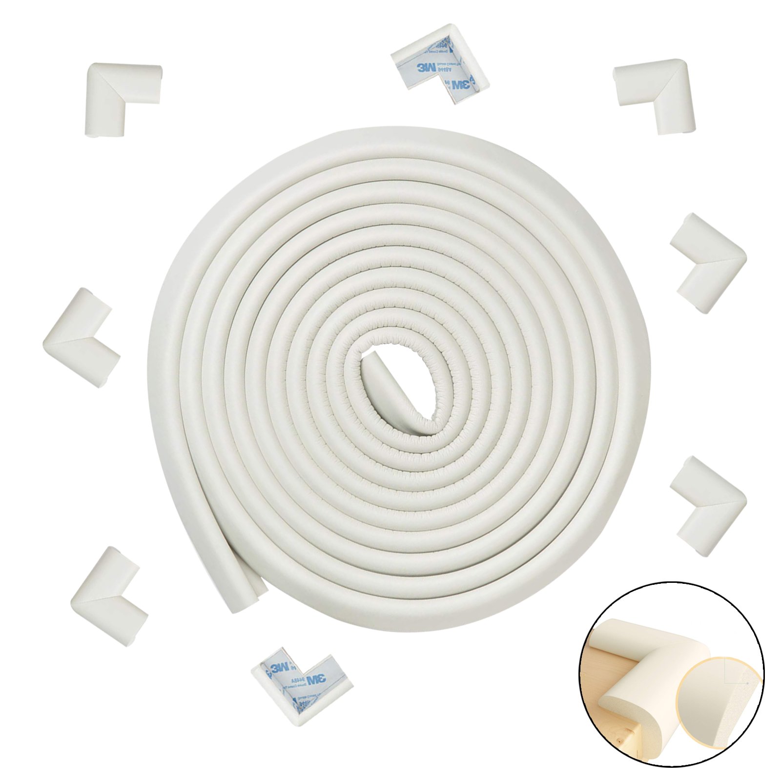 Safety Bumpers Edge Corner Guard for Baby with 16.4 Feet + 8 Corners, Furniture Edge Corner Protector with 3M Adhesive Tape, Baby Rubber Foam Cushion Protector for Table Desk White