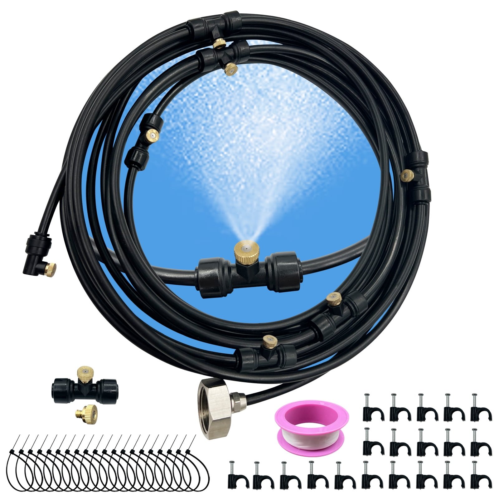 Mister System for Outside Patio, 26FT Misters with 15 x T-Joints and a Misting Hose Cutter for Cooling Producing Water Mist in Backyard, Trampoline, Porch, Deck, Umbrella, Black