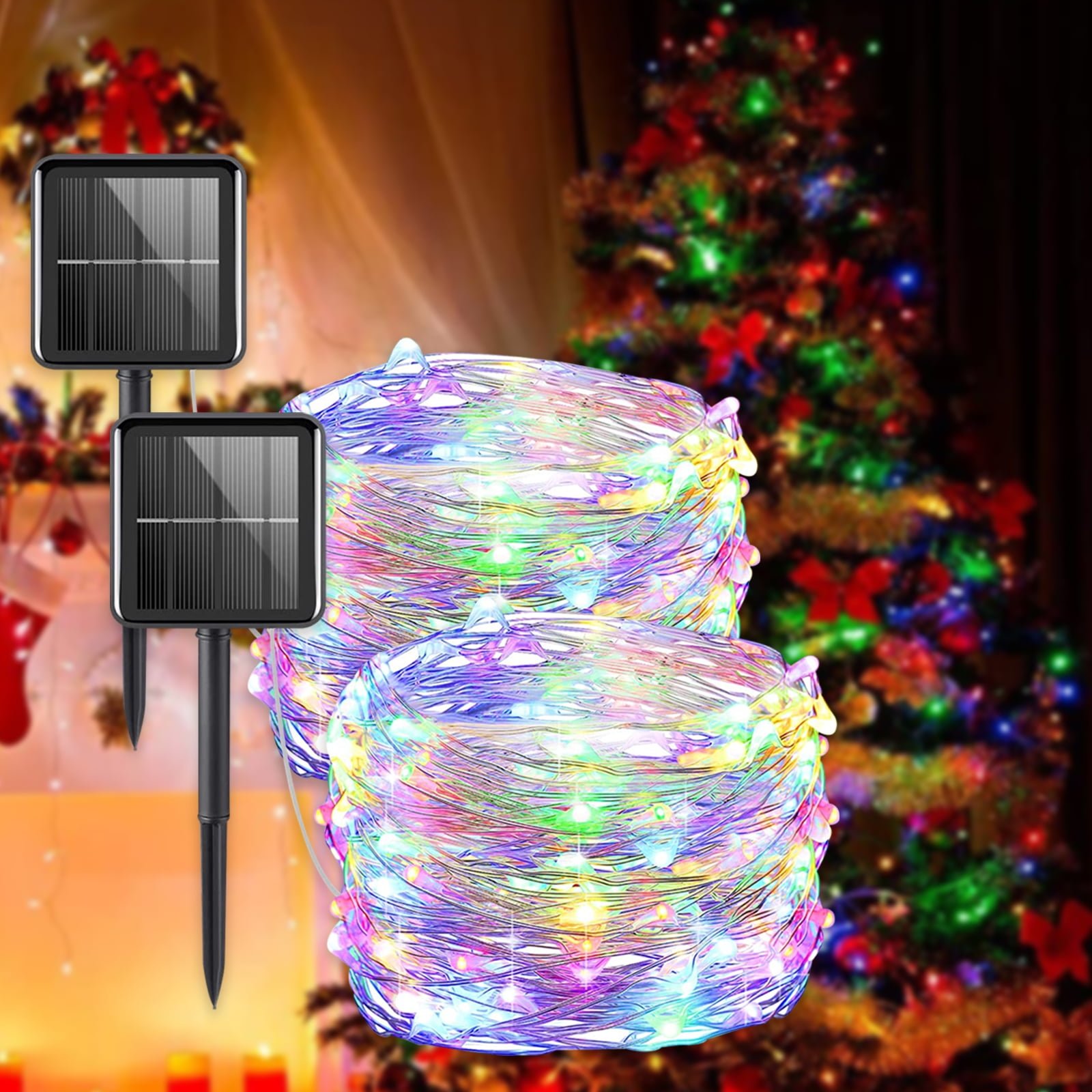 Outdoor Solar Powered Fairy Lights, 2 Pack 33 FT 100 LED Copper Wire Solar String Lights for Patio Christmas Tree Party Decoration, Multicolor