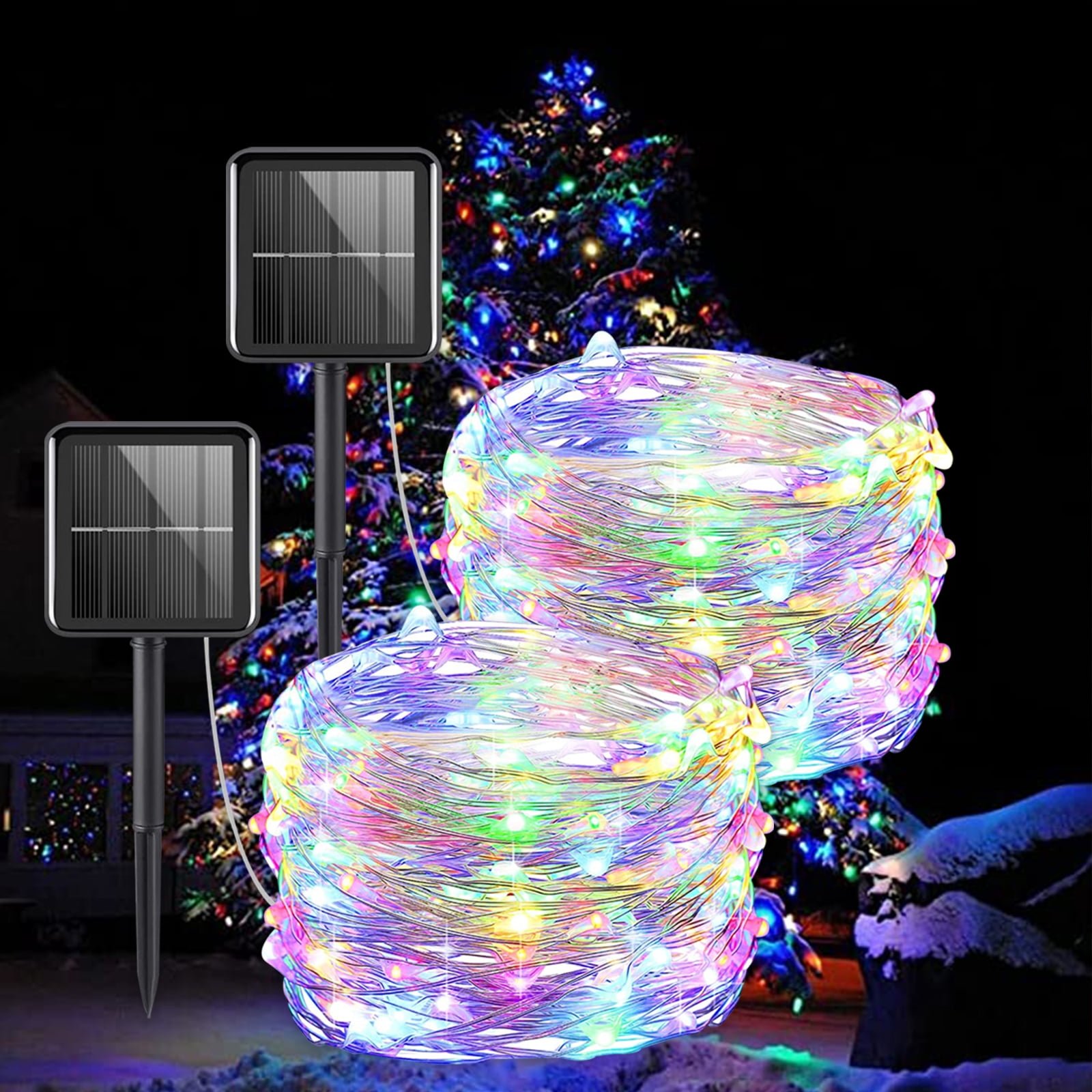 Outdoor Solar Powered Fairy Lights, 2 Pack 66 FT 200 LED Copper Wire Solar String Lights for Patio Christmas Tree Party Decoration, Multicolor