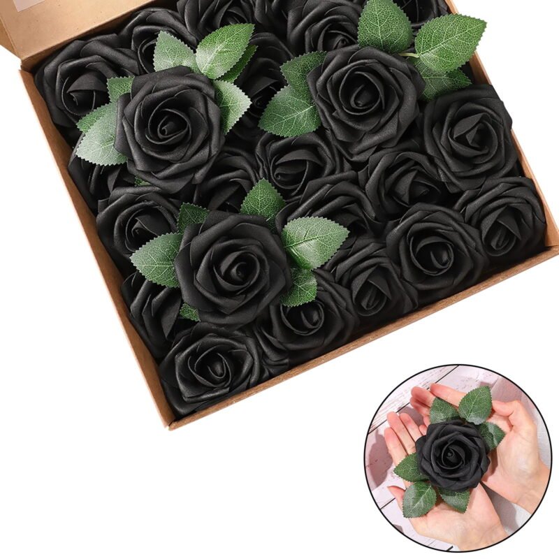 Fake Flowers with Leaves and Stems, 25 Pcs Black Artificial Rose Flowers for Wedding Party DIY Bouquets, Baby Shower, Home Decoration