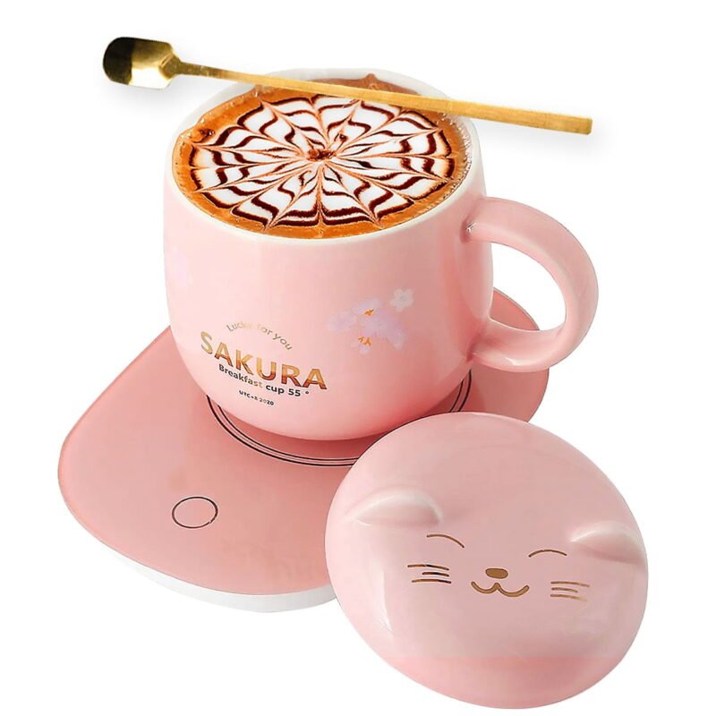 Coffee Warmer with Mug, Smart Coffee Mug Warmer with Cute Cat Pattern, Mug Tea Cup Set for Home Office Desk Use Pink