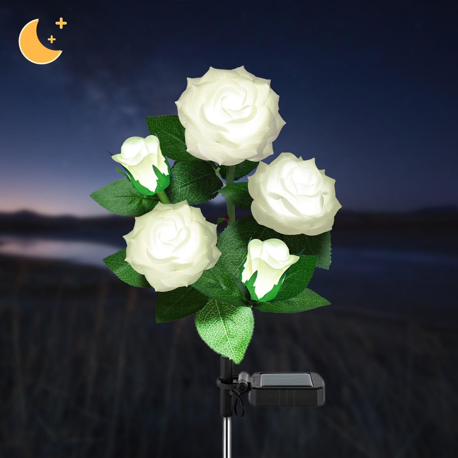 Waterproof Solar Garden Stake Lights, LED Solar Flower Light with 5 Rose Flower Pathway Lamp for Patio Yard Decoration, White