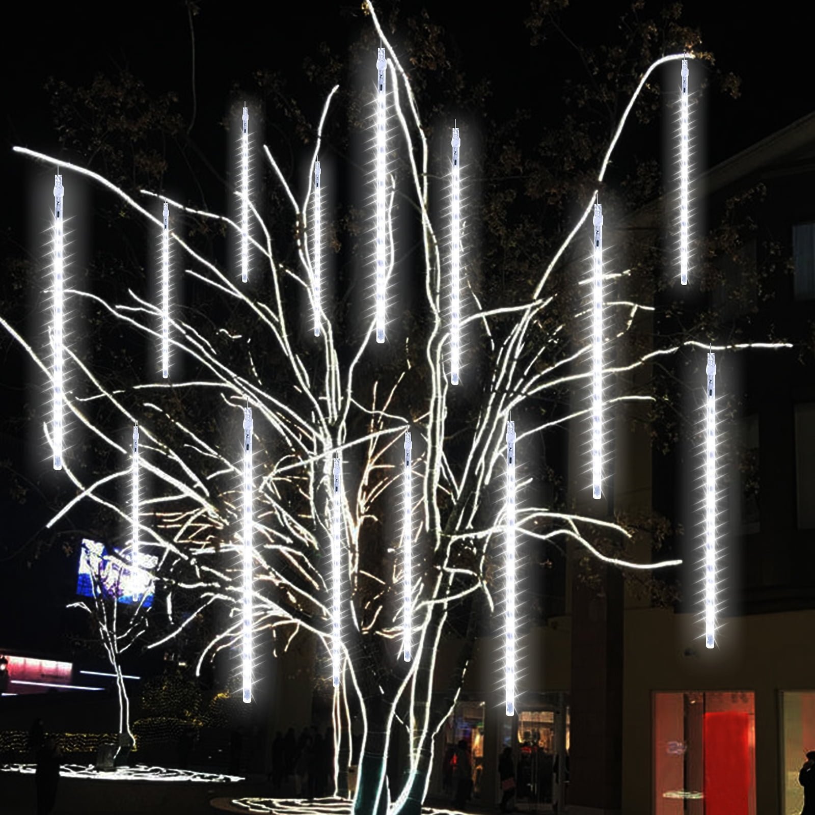 Meteor Shower Lights, 10cm 10 Tube 200 LEDs Christmas Light, Falling Rain String Lights for Outdoor Xmas Tree Wedding Decor (White)