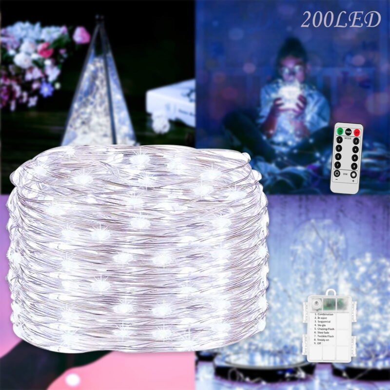 Fairy Lights with Remote Control Timer, 66FT 200 LED Battery Operated String Lights, Copper Wire Twinkle Lights for Wedding Party Home Bedroom Christmas Festival Decoration (Cool White)