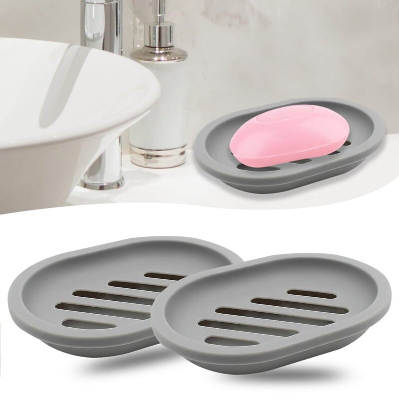 Soap Tray Plastic Soap Dish Container (Gray), Soap Box Holder for Bathroom Shower Kitchen, Keep Soap Dry & Easy to Clean (2 Pack, Oval Shape)
