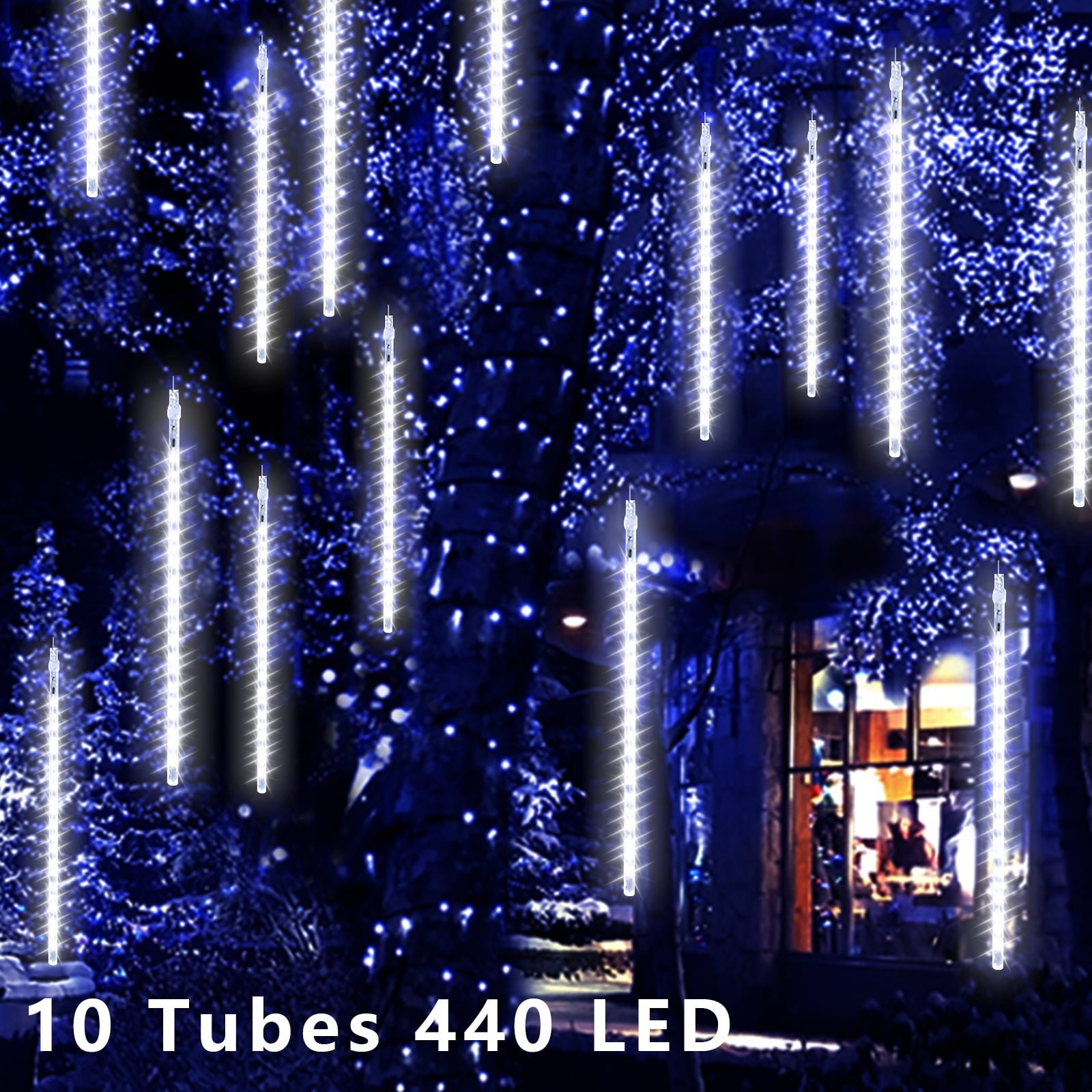 Meteor Shower Falling Rain Lights, Christmas Lights with 20" 10 Tube 440 LED Icicle Rain Drop Lights, Outdoor String Lights, Xmas Wedding Party Tree Holiday Decoration Cool White