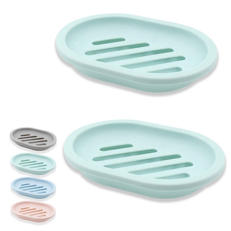 Soap Tray Plastic Soap Dish Container (Green), Soap Box Holder for Bathroom Shower Kitchen, Keep Soap Dry & Easy to Clean (2 Pack, Oval Shape)