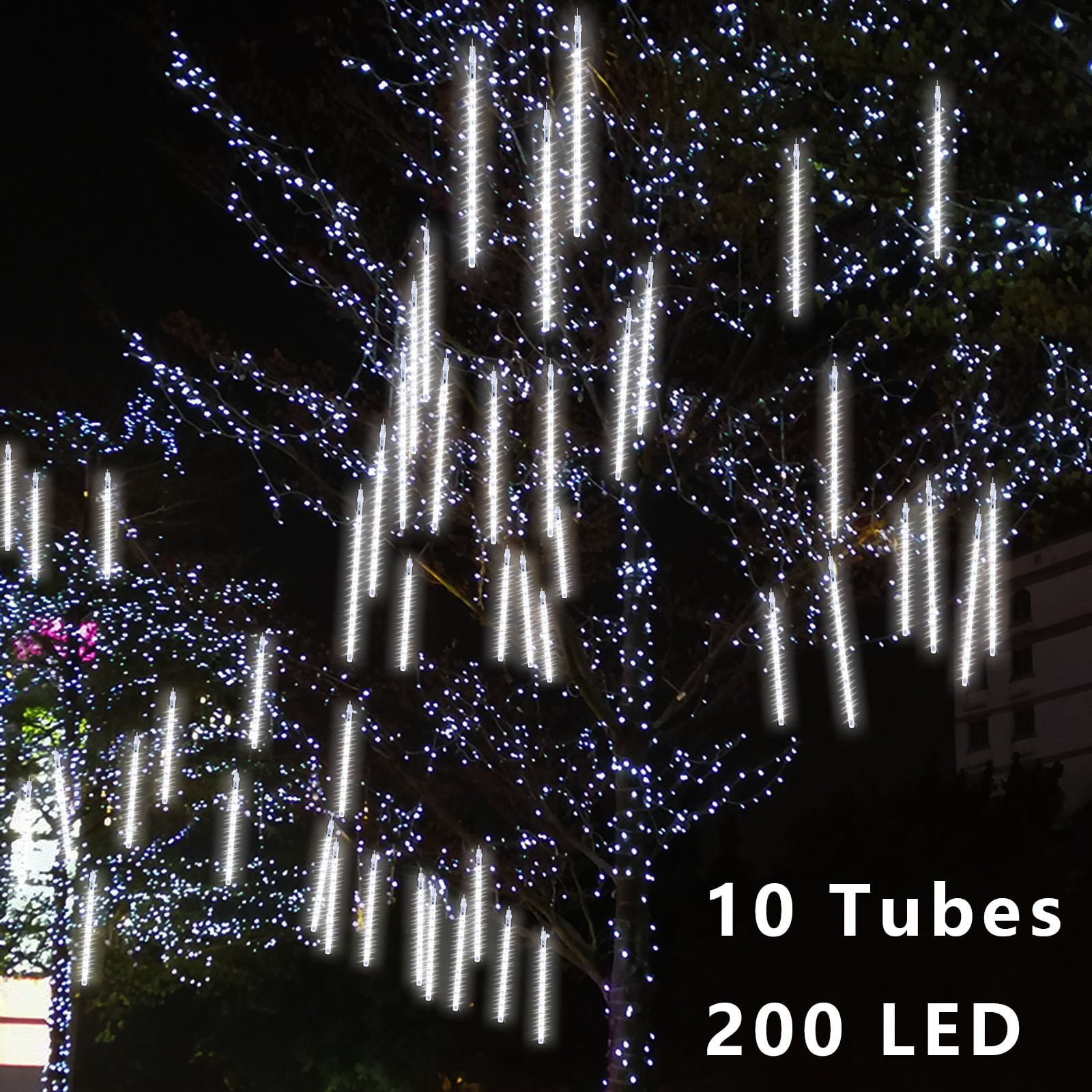 Waterproof Snow Falling Icicle Cascading Lights, 10cm 10 Tube 200 LED White Meteor Shower Lights, Outdoor Raindrop Fairy String Lights for Wedding Party Christmas Garden Tree Decoration