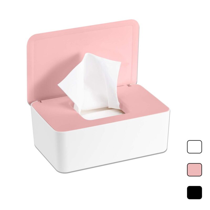 Tissue Storage Box, Portable & Reusable Diaper Wipes Dispenser Baby Wipes Case, Wipe Holder Keeps Wipes Fresh, Easy Open & Close Wipe Container with Lid (White & Pink)