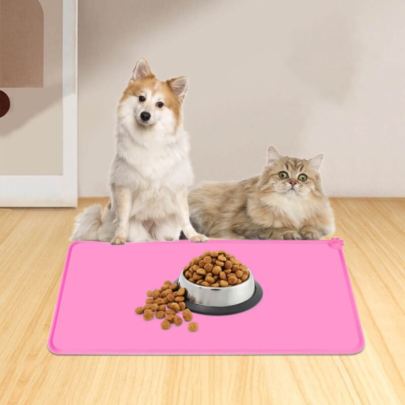 Waterproof Pet Feeding Mat, Dog Food Mat with High Lips, Silicone Dog Bowl Mat for Cat Dog, Pink (18.5" x 11.5")