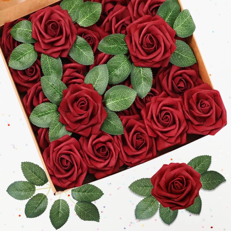Syenll 25 Pcs Artificial Rose Flowers, Foam Fake Flowers for Christmas Wedding Party DIY Bouquets, Baby Shower, Home Decoration (Wine Red)