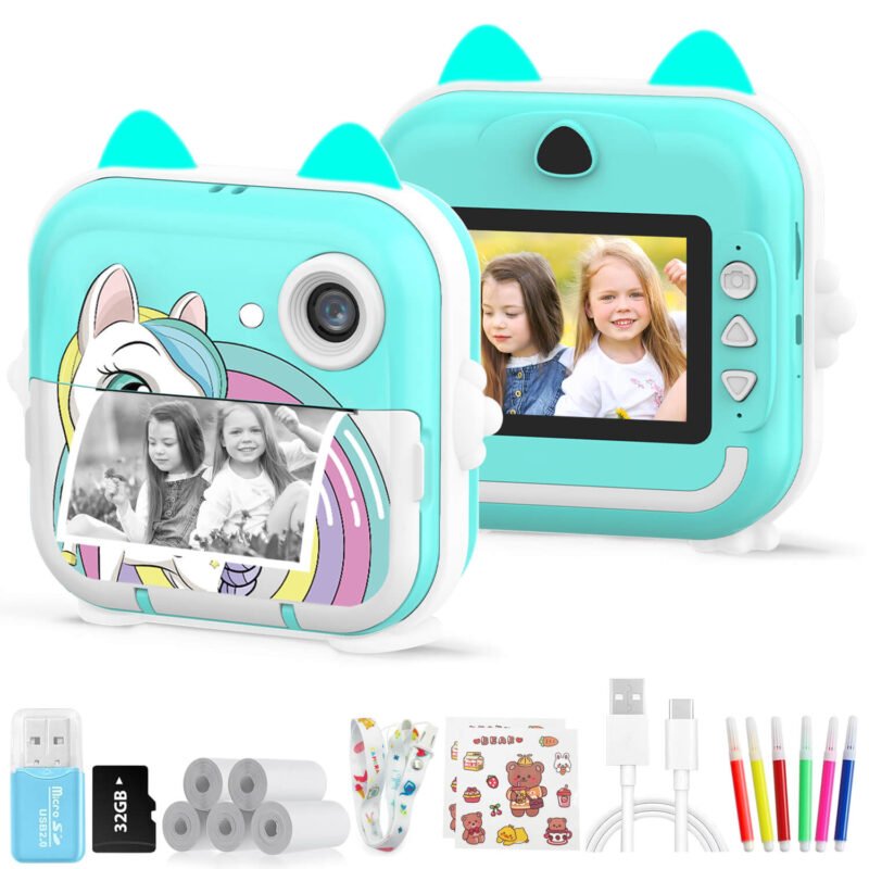 Kids Camera Instant Print, Selfie Digital Camera with Print Paper & 32G Card, Christmas Birthday Gifts Camera Toys for DIY, Girls Boys 3-12 Years Old (Blue)