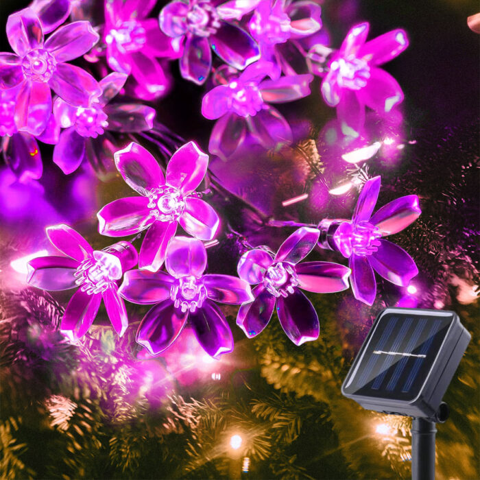 Solar Flower String Lights, 23ft 50 LED Fairy Lights, Outdoor Cherry Blossoms Solar Lights for Christmas Tree, Garden, Patio, Party Decorations, Pink