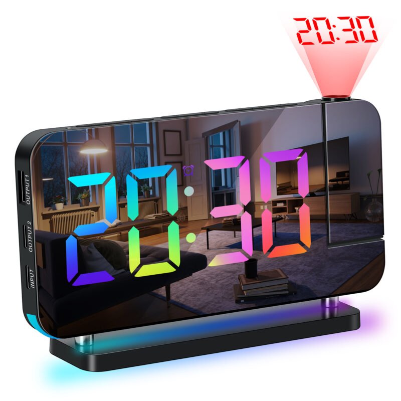 Projection Alarm Clock, 7.4 inch Large Digital Mirror Clocks with Dual USB Charger Ports, 180° Rotatable Projector, Projection Clock for Bedroom Ceiling, Black
