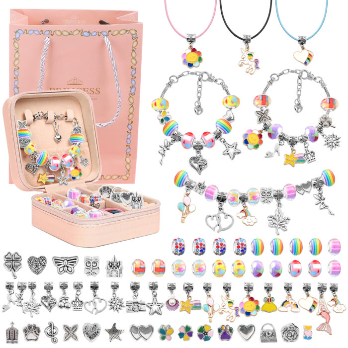 66 Pcs Charm Jewelry Making Kit, DIY Craft Bead Sets with Portable Jewelry Box, Bracelet Making Kit Birthday Christmas Gift for Girls Ages 5-12