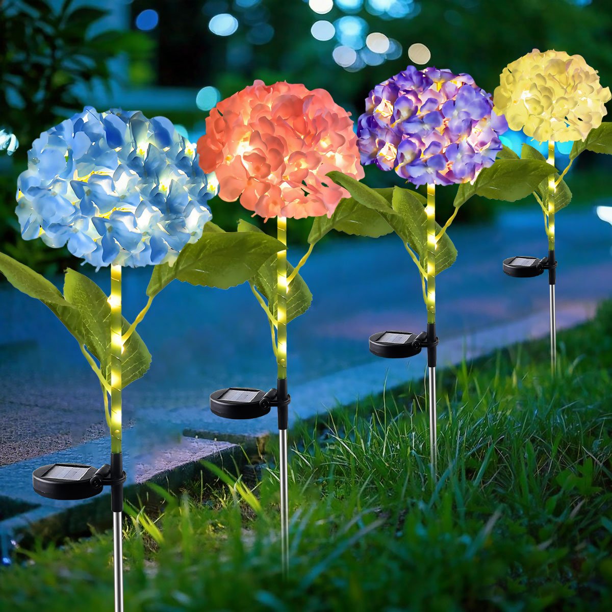 Syenll 4 pack Solar Garden Lights Outdoor, Waterproof LED Solar Hydrangea Flowers Lights for Yard Lawn Pathway Decoration (Warm White)