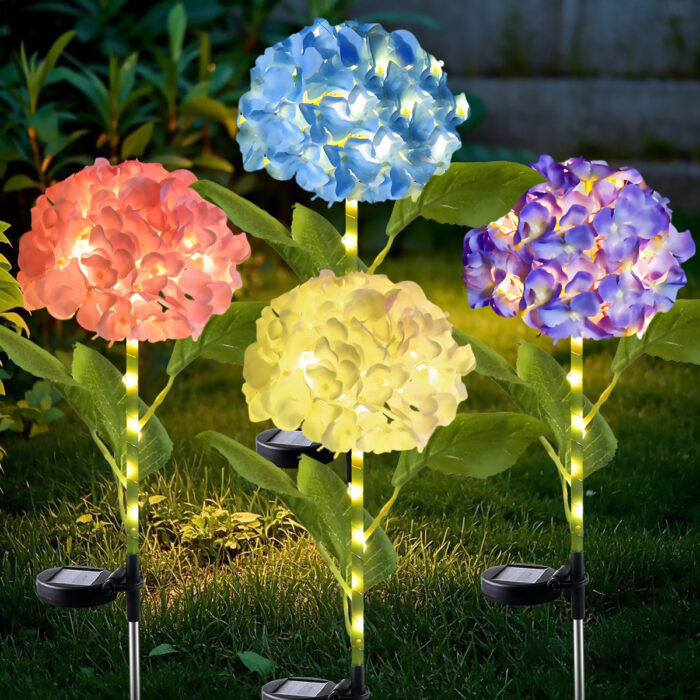 Solar Flower Lights, 4 Pack Solar Garden Lights, Waterproof LED Flowers Stake Lights for Lawn Patio Backyard (Hydrangea Flower)