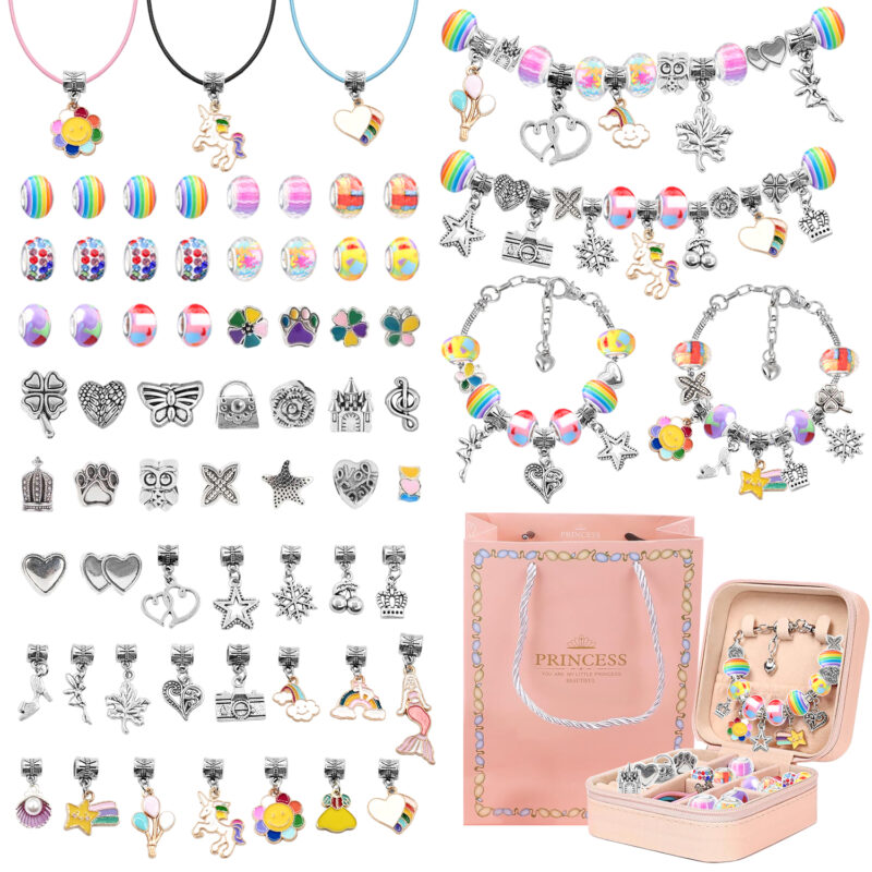 Jewelry Making Kit for Girls 5-12, Charm Bracelet Making Kit, 66 Pcs DIY Bead Craft Set with a Portable Bracelet Organizer Box for Teenage Birthday Christmas Stocking Gift