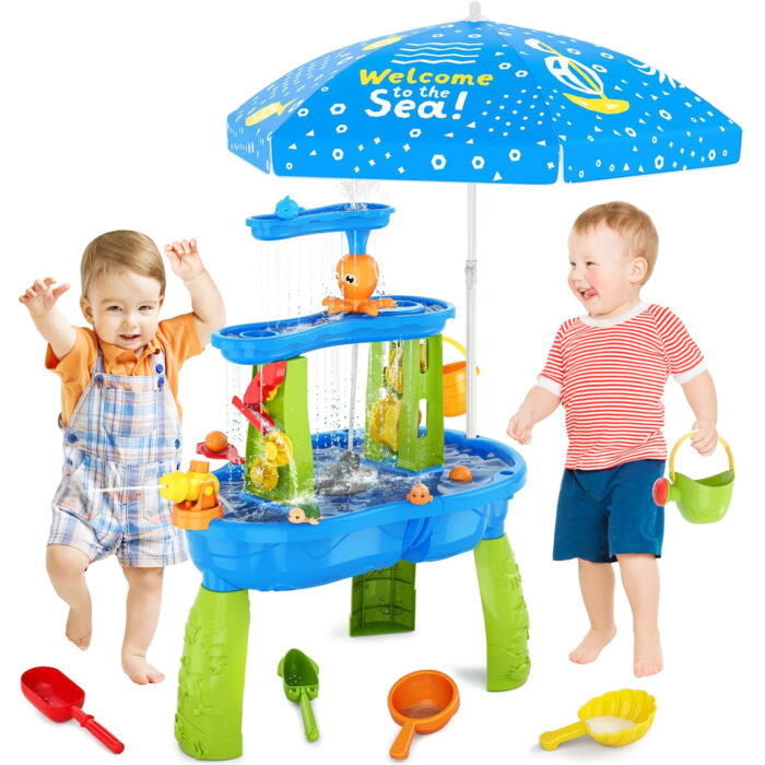 Water Table for Toddlers, 3-Tier Kids Water Toys with Water Pumb & Umbrella, Activity Sensory Playset Summer Outdoor Toys for Boys Girls