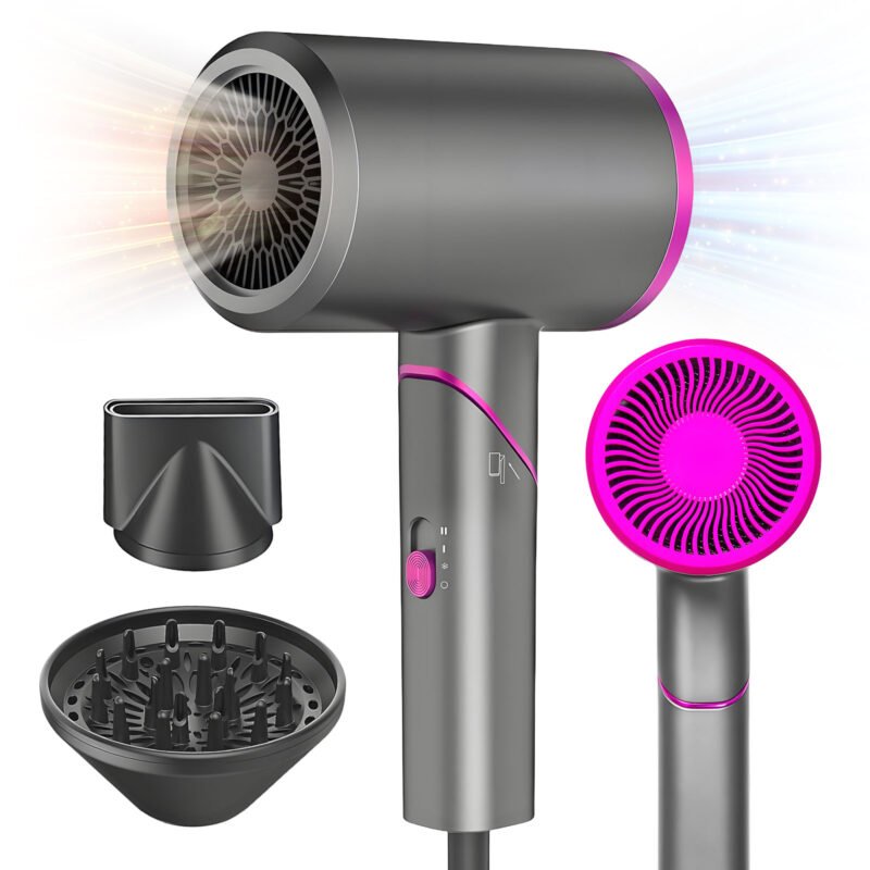 Hair Dryer with Diffuser, 1800W Professional Ionic Blow Dryer, Fast-Drying Hair Dryer with Foldable Handle, Nozzle for Home, Salon, Travel, Light Gray