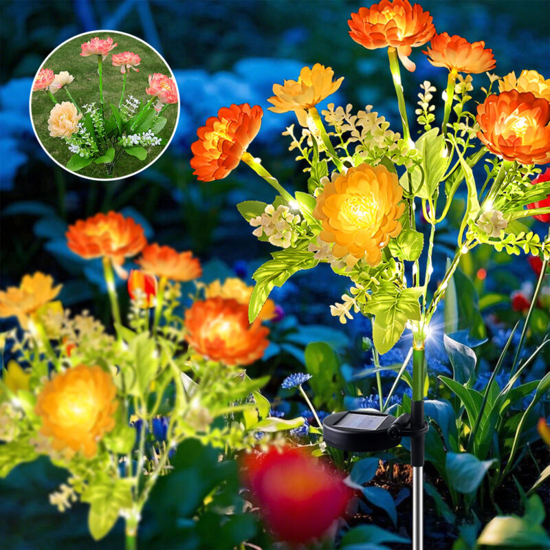 2 Pack Solar Garden Lights Outdoor, Snow Lotus Solar Lights, Waterproof LED Artificial Flowers Lights for Patio Yard Pathway Lawn Decoration, Orange