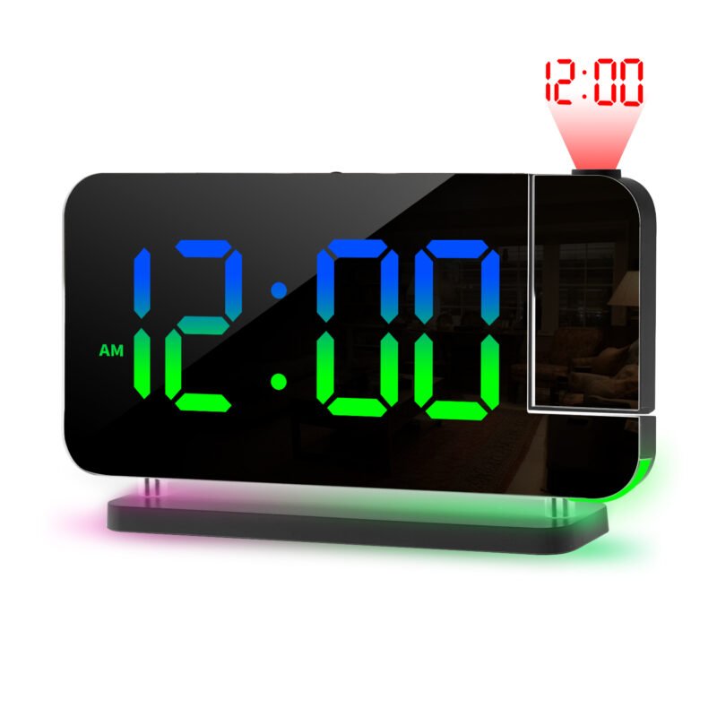 Digital Alarm Clock, Electronic Mirror Clock with 180° Rotatable Projector, 7.4" Large LED Screen, Projection Alarm Clock for Bedroom Home Office